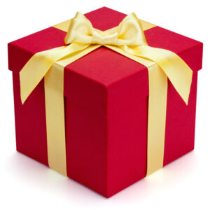 Red gift box with yellow ribbon and bow, isolated on the white background, clipping path included.